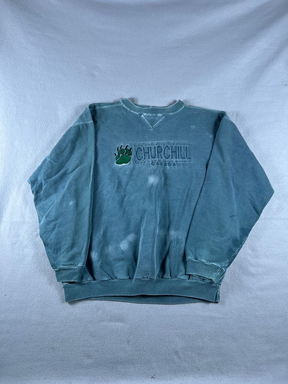 Vintage Flash Sweatshirt Men M Teal Churchill Canada Bear Paw Embroidered Grunge